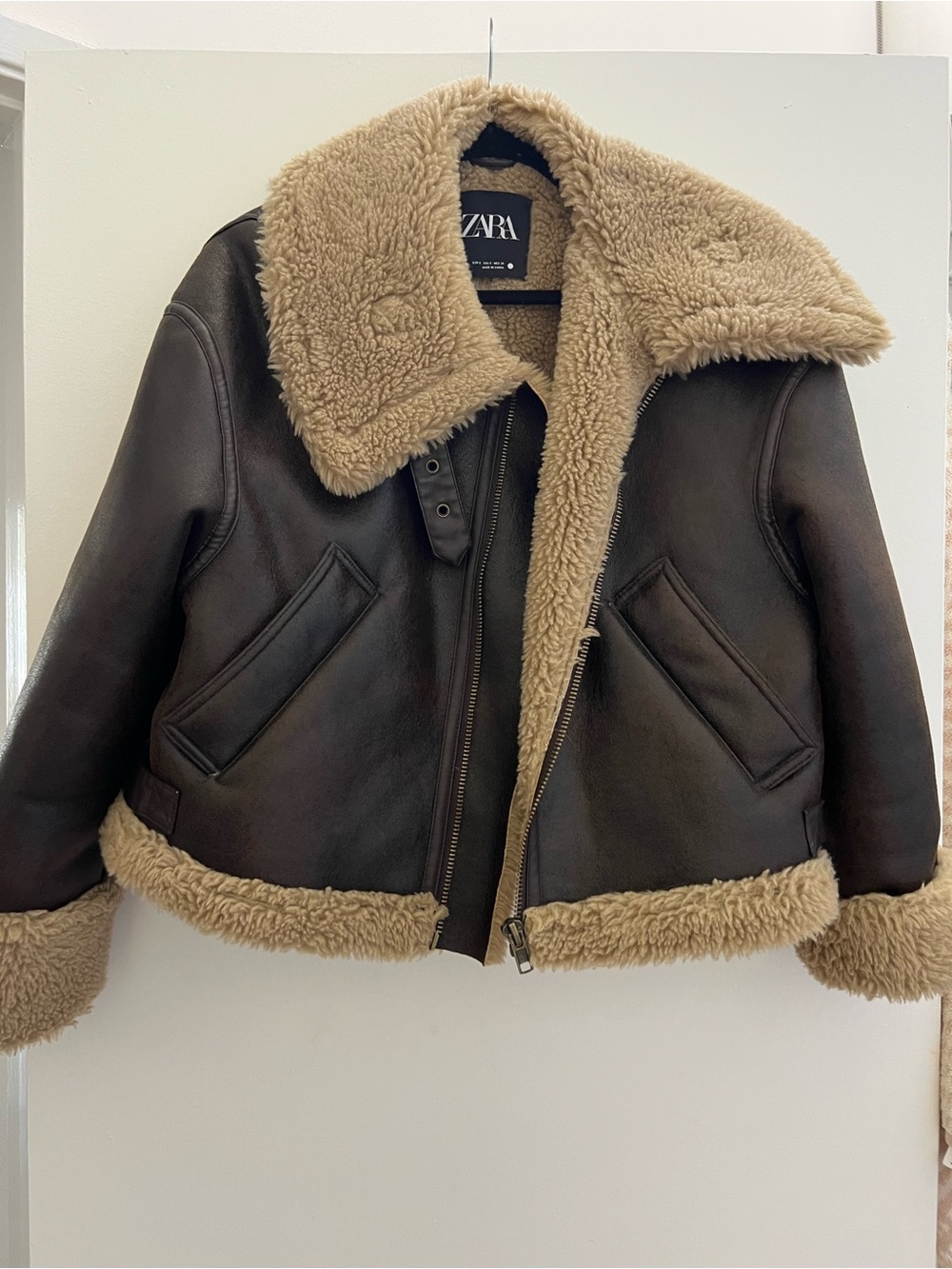 Zara Brown Faux Leather Shearling Aviator Jacket Size S